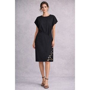 Jil Sander Patchwork Black Wool & Silk Midi Dress Asymmetrical Sequin Sheath EUC